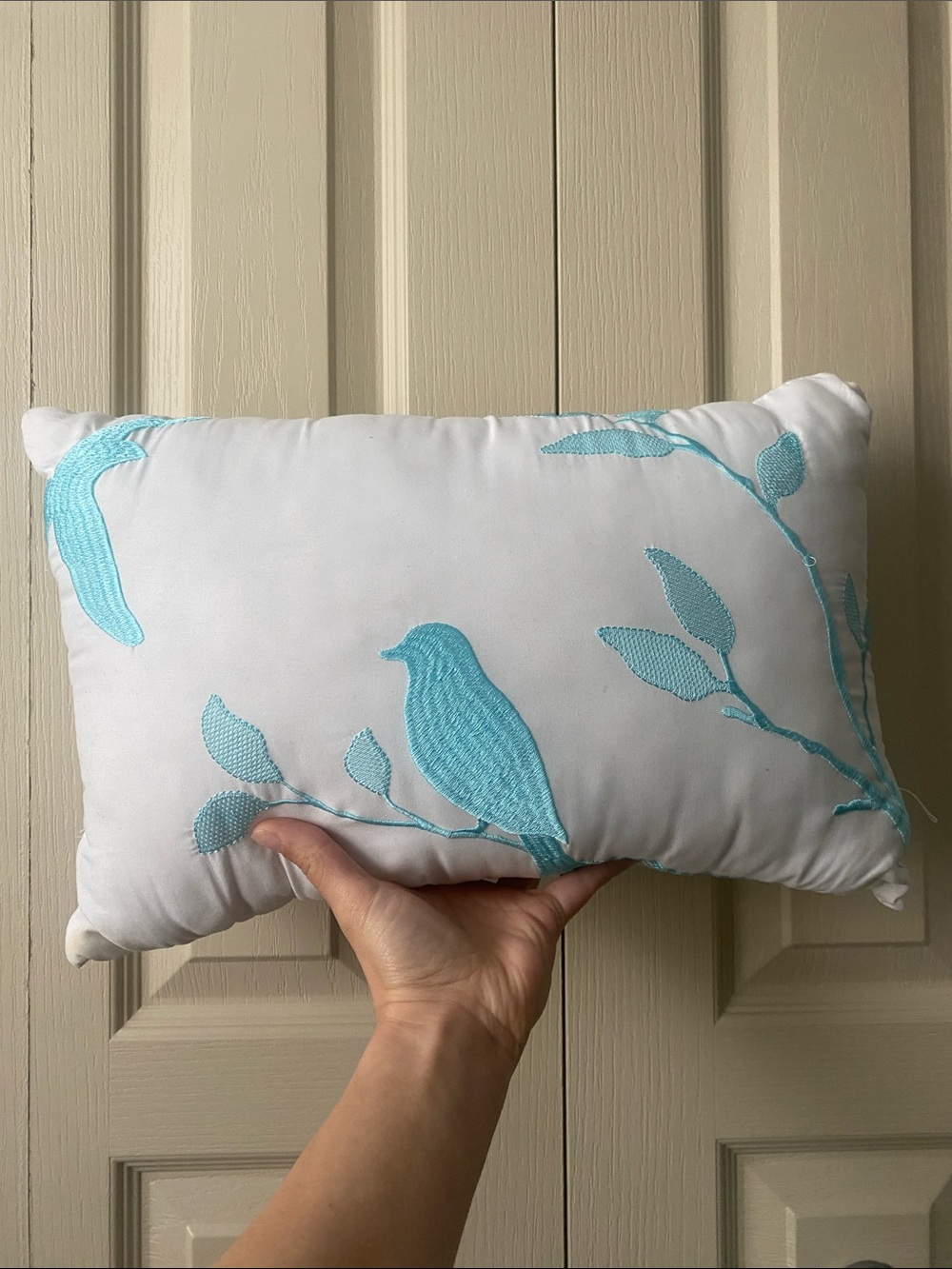 White Decorative Pillow with Turquoise Bird Embroidery